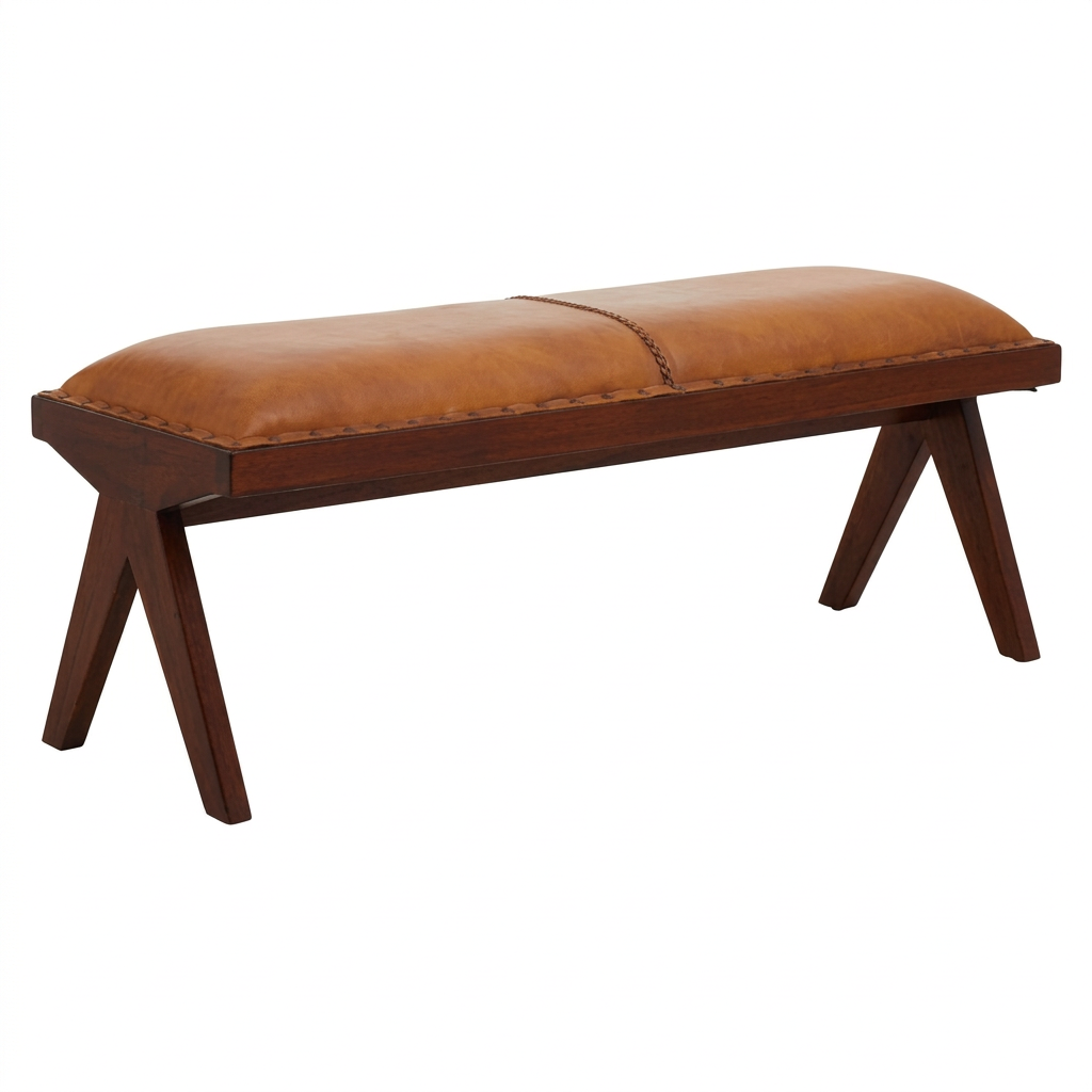 Inca tan leather and teak wood bench on a white background