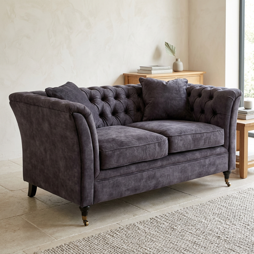 Sabrina grey velvet sofa viewed from above at an angle in a contemporary living room