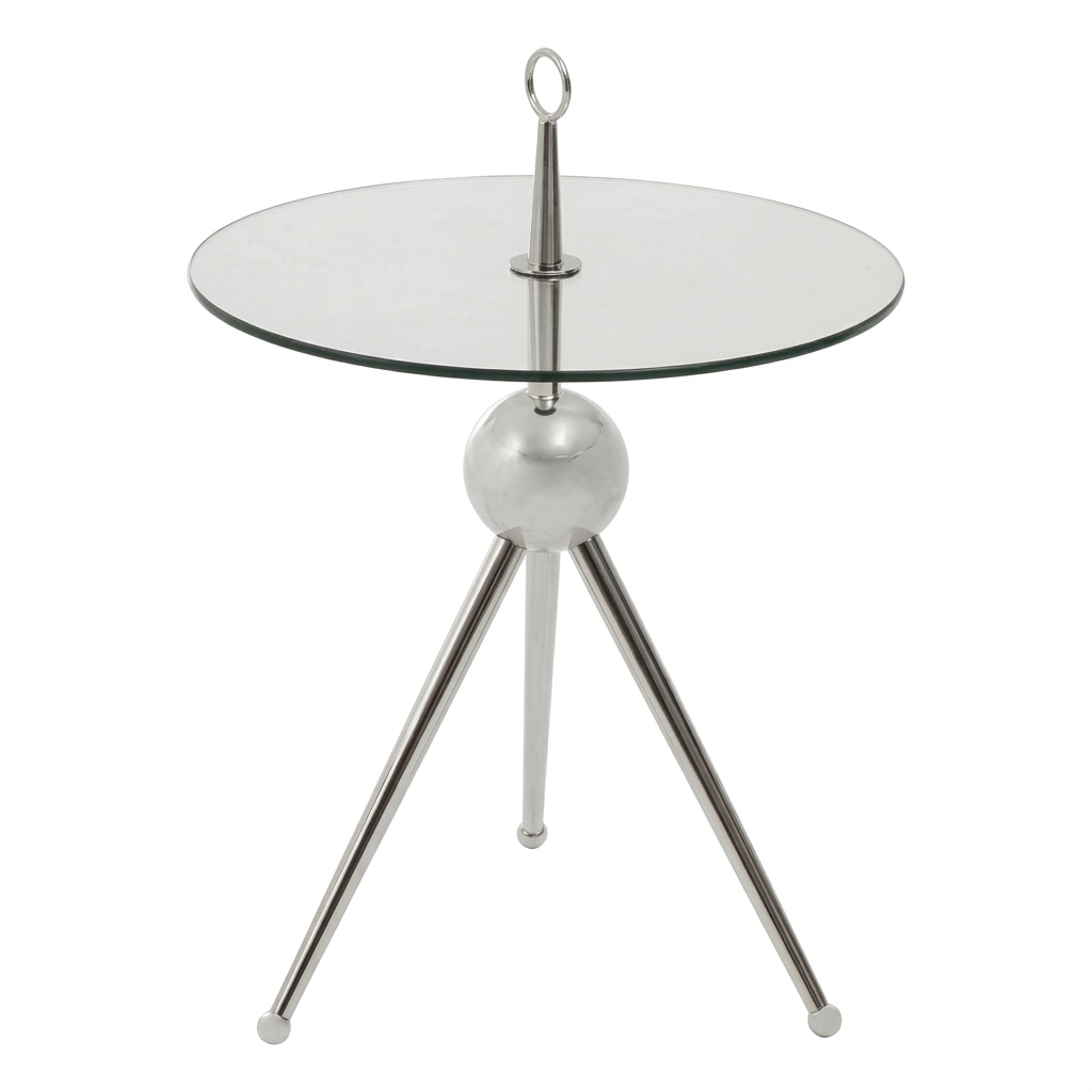 Oria clear glass and silver round side table on a white background