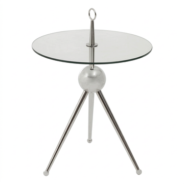 Oria clear glass and silver round side table on a white background