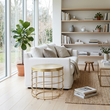 Pali gold finish cage design side table in a wide Scandinavian living room view