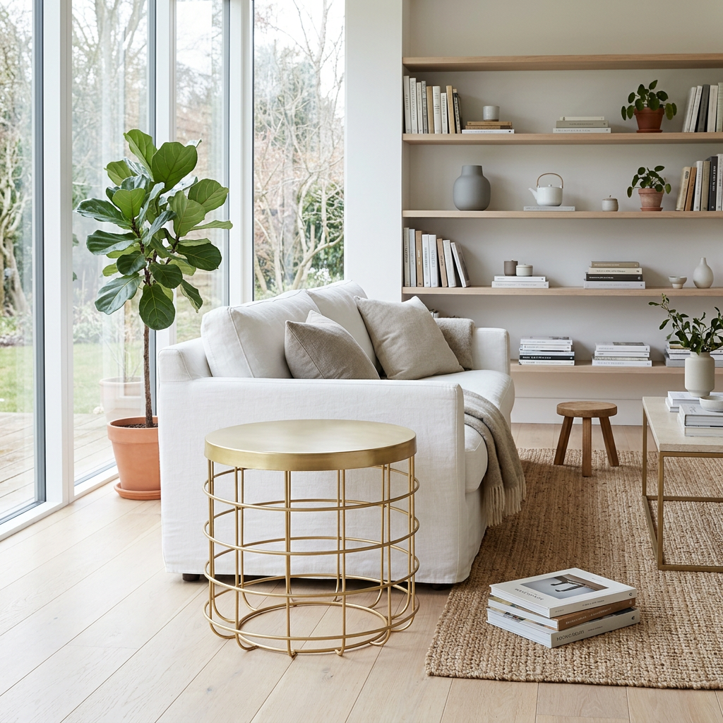 Pali gold finish cage design side table in a wide Scandinavian living room view