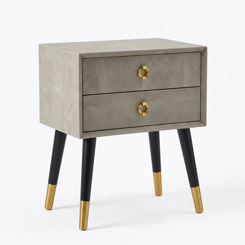 Cadio natural shagreen effect two drawer side table on a white background
