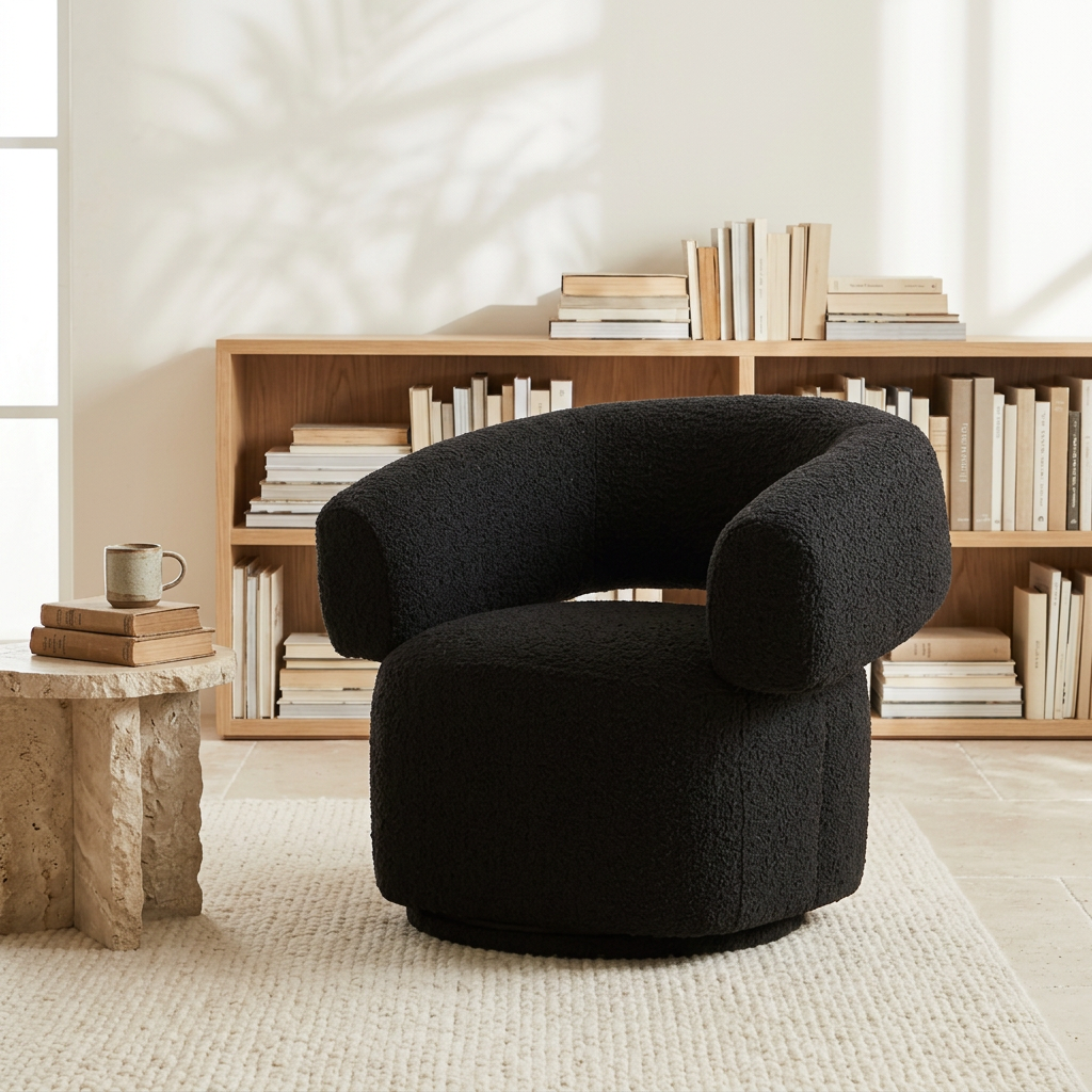Oliveto black boucle swivel armchair viewed from above at an angle in a home library