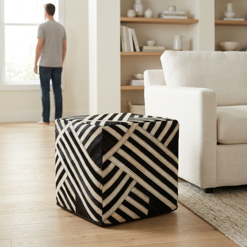 Safira black and white stripe leather pouffe in a bright living room with a person in the background
