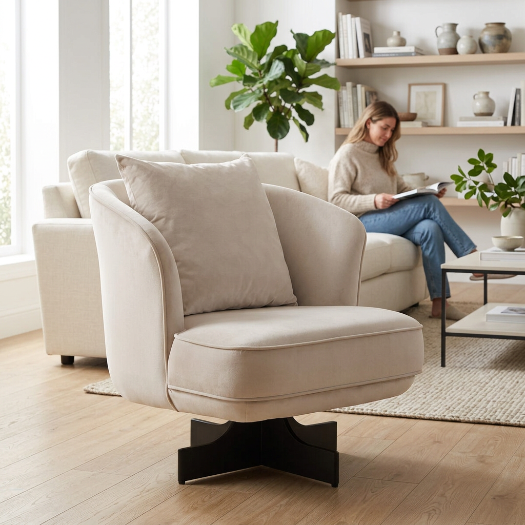 Hale cream velvet swivel chair with cushion in a bright living room with a person in the background