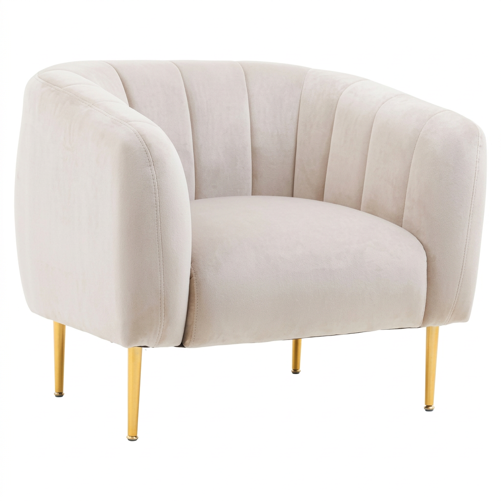 Yasmeen ivory velvet channel tufted armchair on a white background