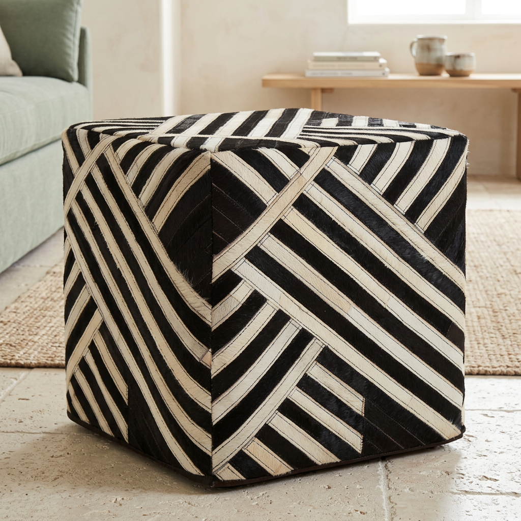 Safira black and white stripe leather pouffe viewed from above at an angle in a contemporary living room