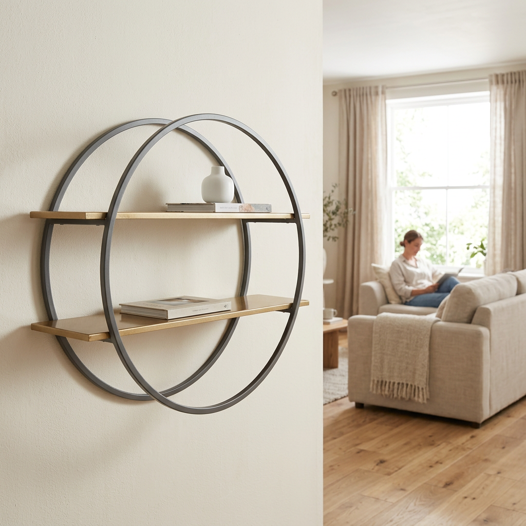 Korba matte gold and grey wall shelf in a bright living room with a person in the background