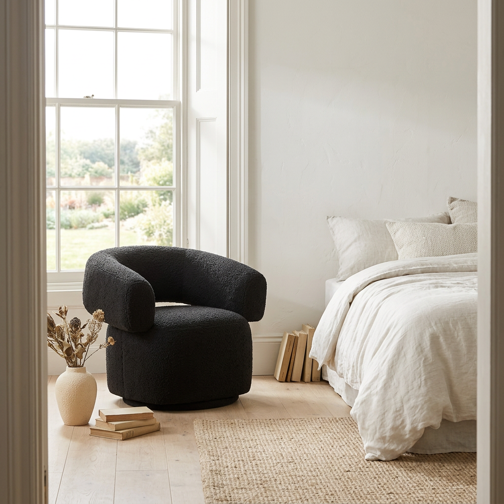 Oliveto black boucle swivel armchair beside a bedroom window in a wide room view