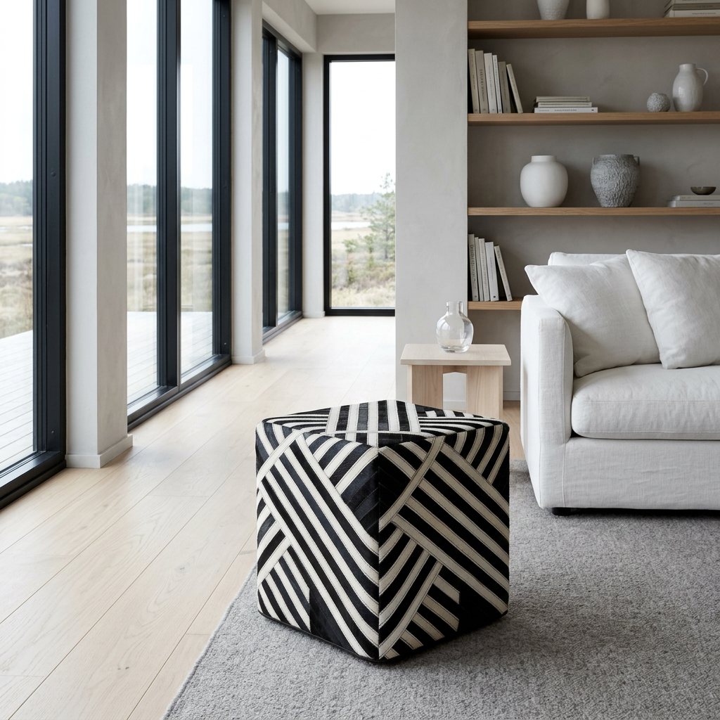 Safira black and white stripe leather pouffe in a wide Scandinavian living room view