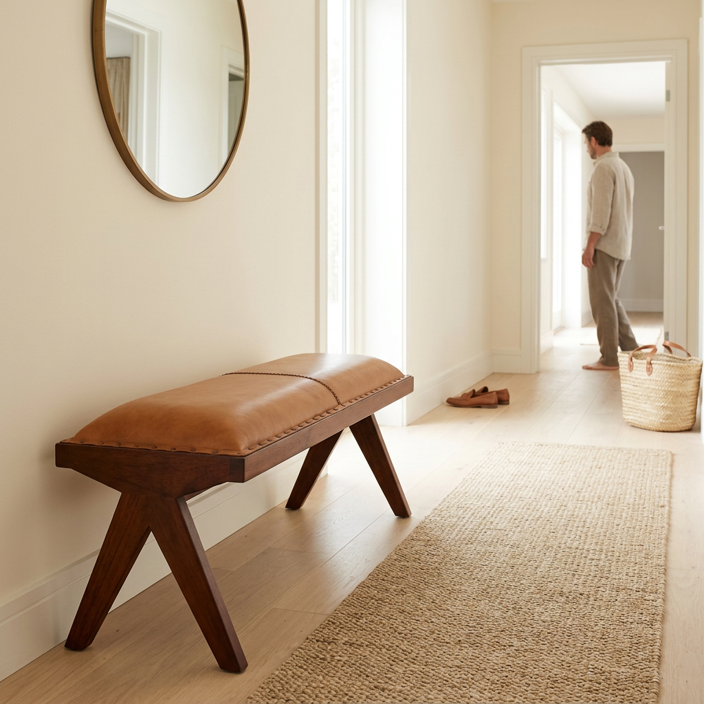Inca tan leather and teak wood bench in a bright hallway with a person in the background