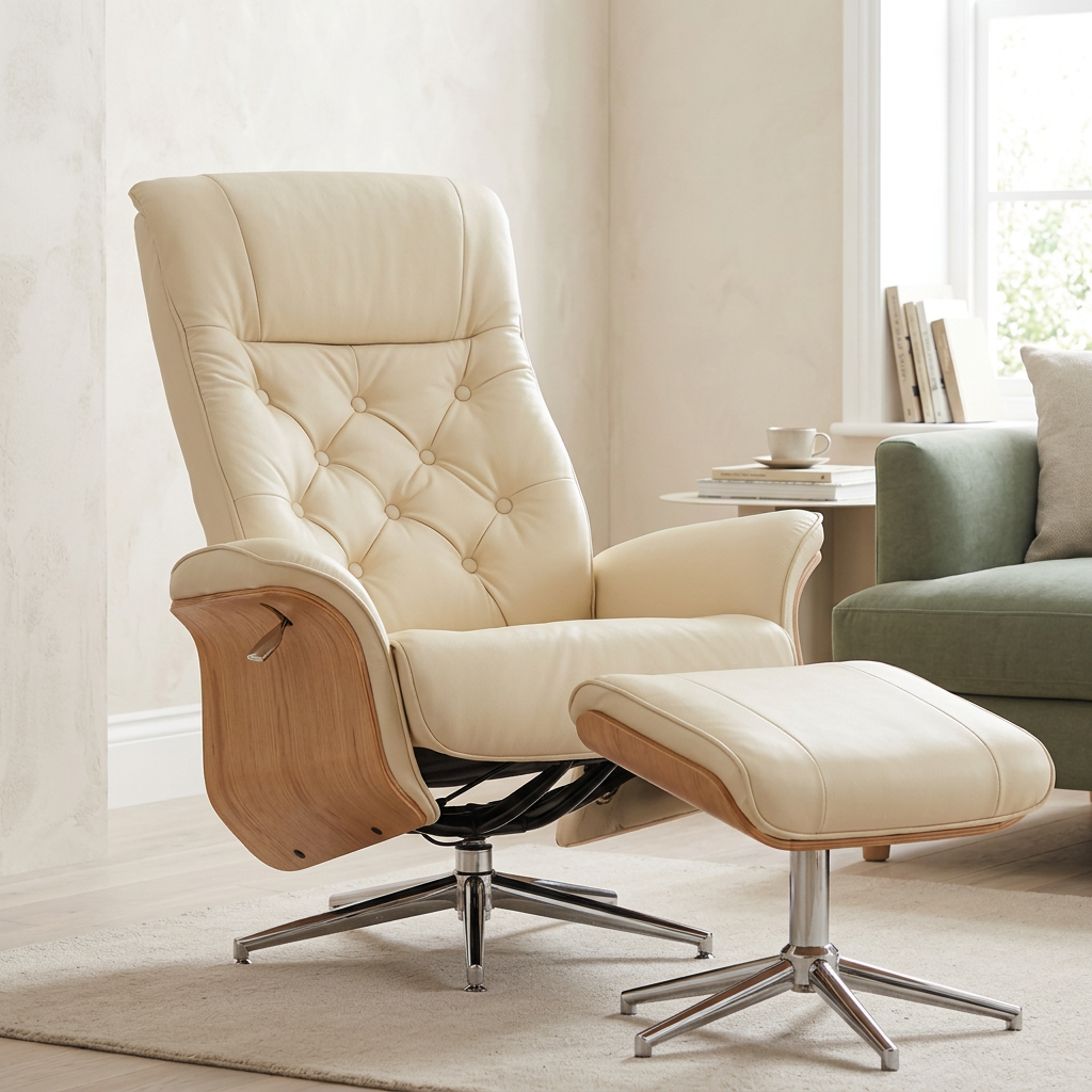 Warrington ivory recliner and footstool in a front three quarter view in a contemporary living room