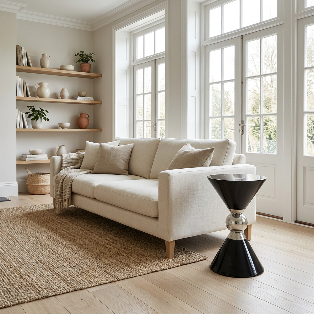 Jaipur black and silver finish hourglass side table in a wide Scandinavian living room view