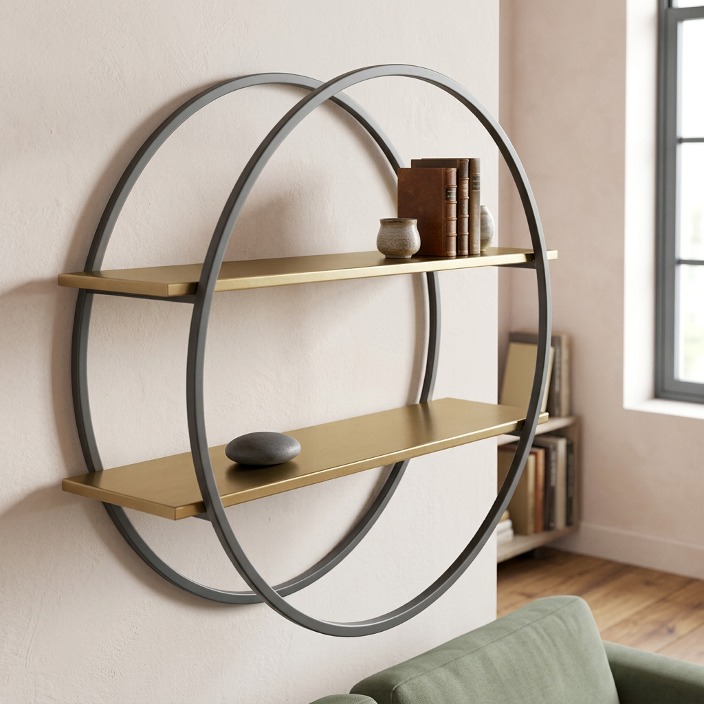 Korba matte gold and grey wall shelf viewed at an angle in a contemporary living room
