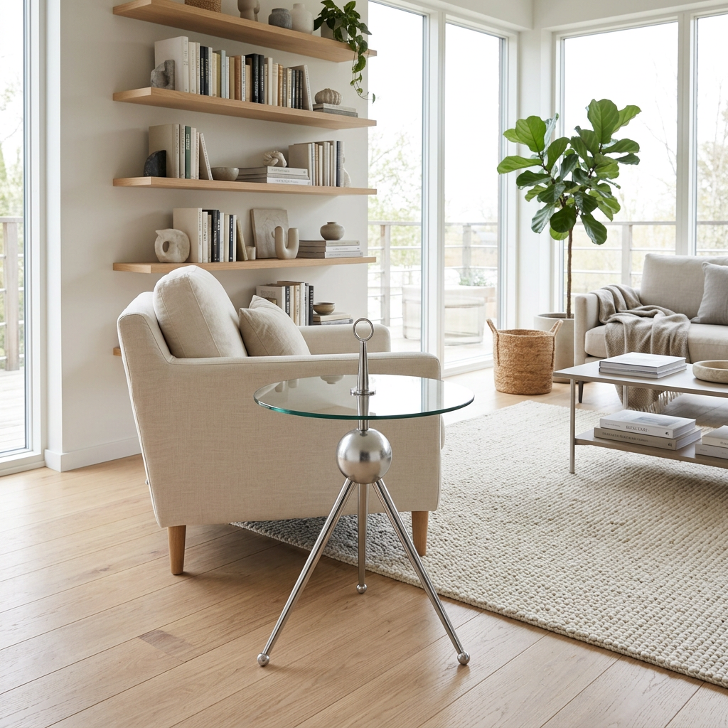 Oria clear glass and silver side table in a Scandinavian living room