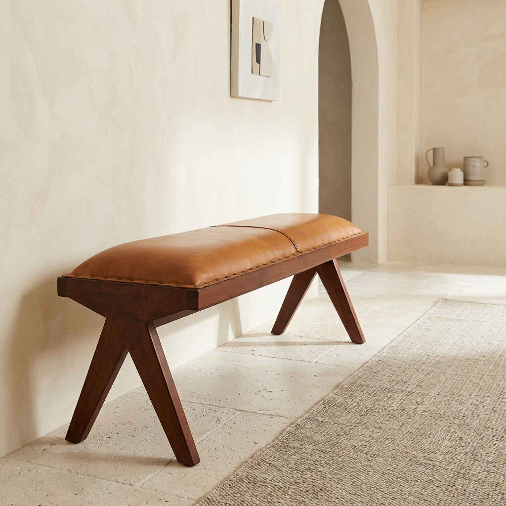 Inca tan leather and teak wood bench viewed from above at an angle in a contemporary hallway