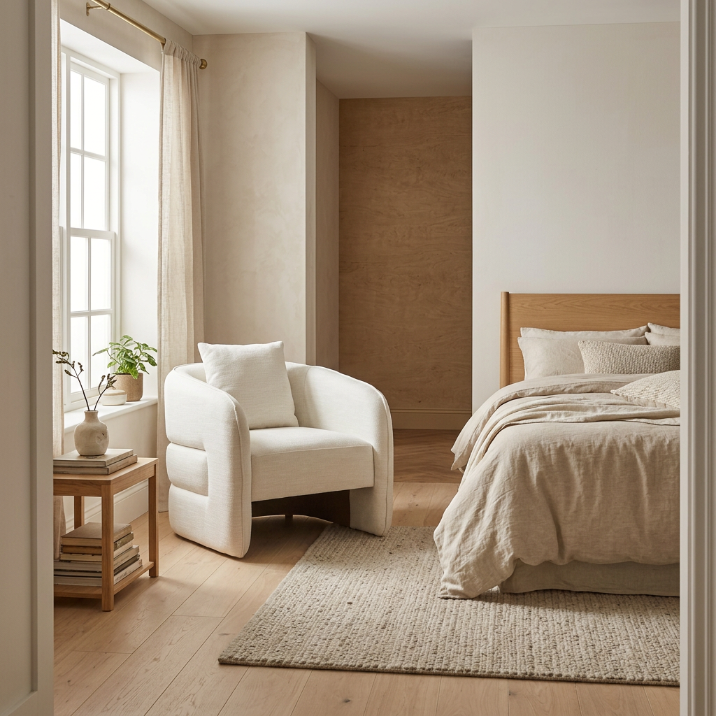 Bilani cream linen effect curved chair beside a bedroom window in a wide room view