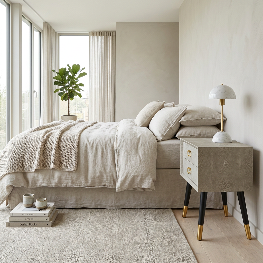 Cadio natural shagreen effect side table in a Scandinavian bedroom