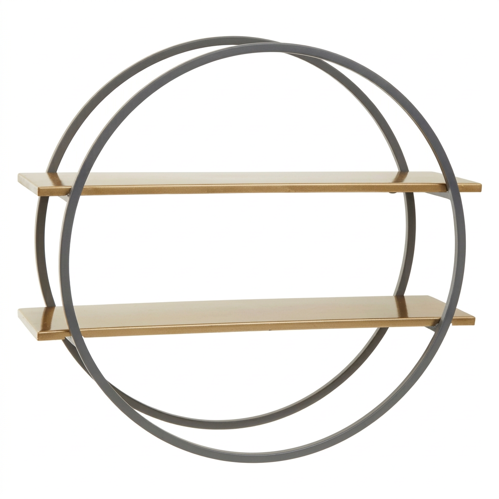 Korba matte gold and grey two tier wall shelf on a white background