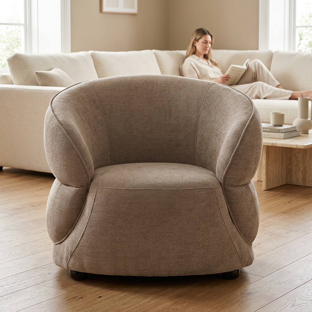 Daphne taupe chenille effect curved chair in a bright living room with a person in the background