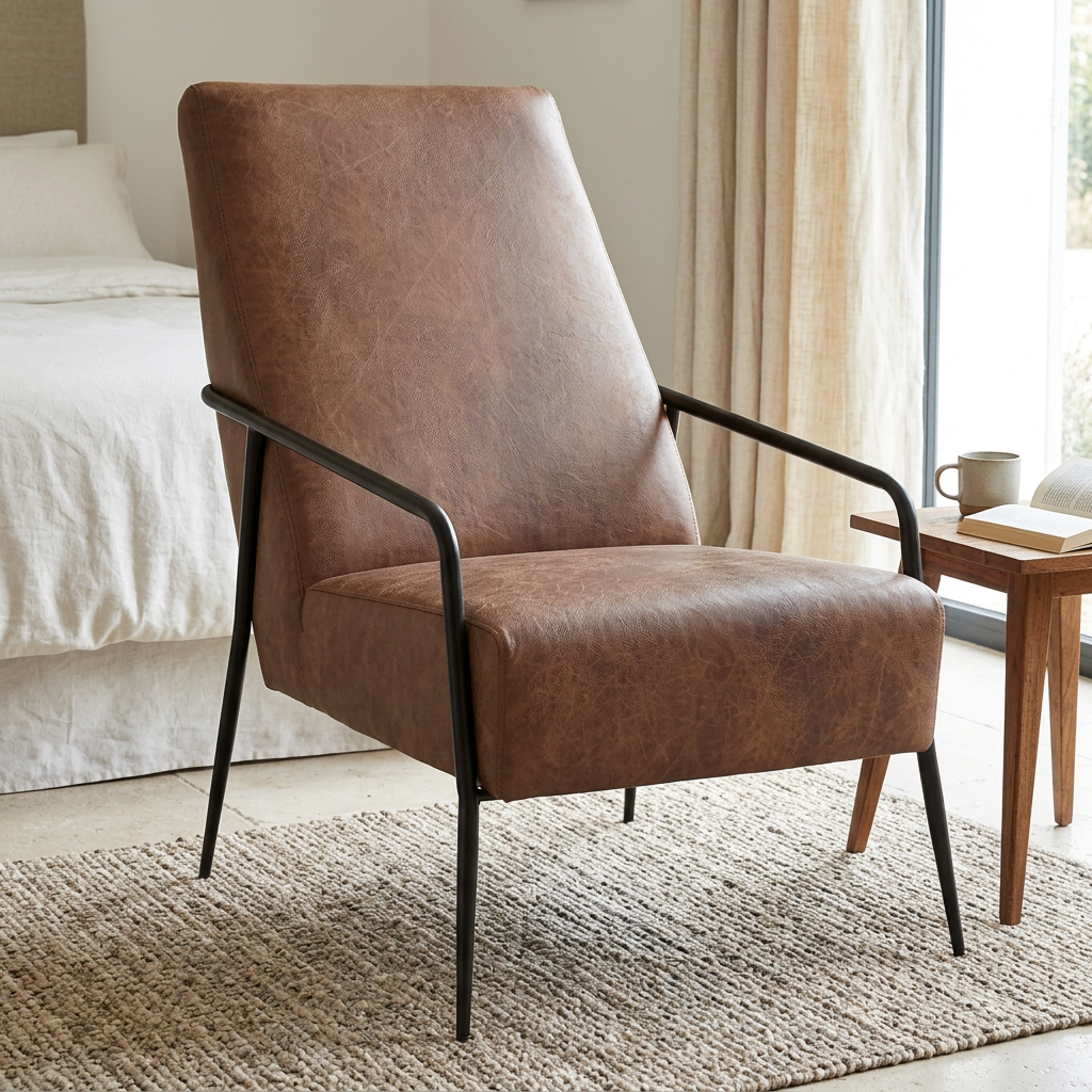 Hoxton brown leather lounge chair viewed from above at an angle in a bedroom reading corner
