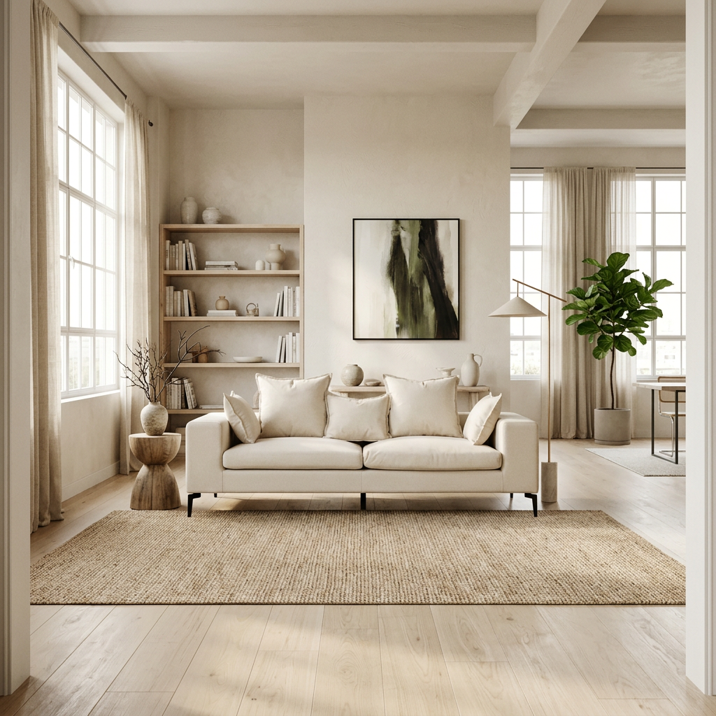Avignon cream fabric three seater sofa in a Scandinavian loft in a wide room view