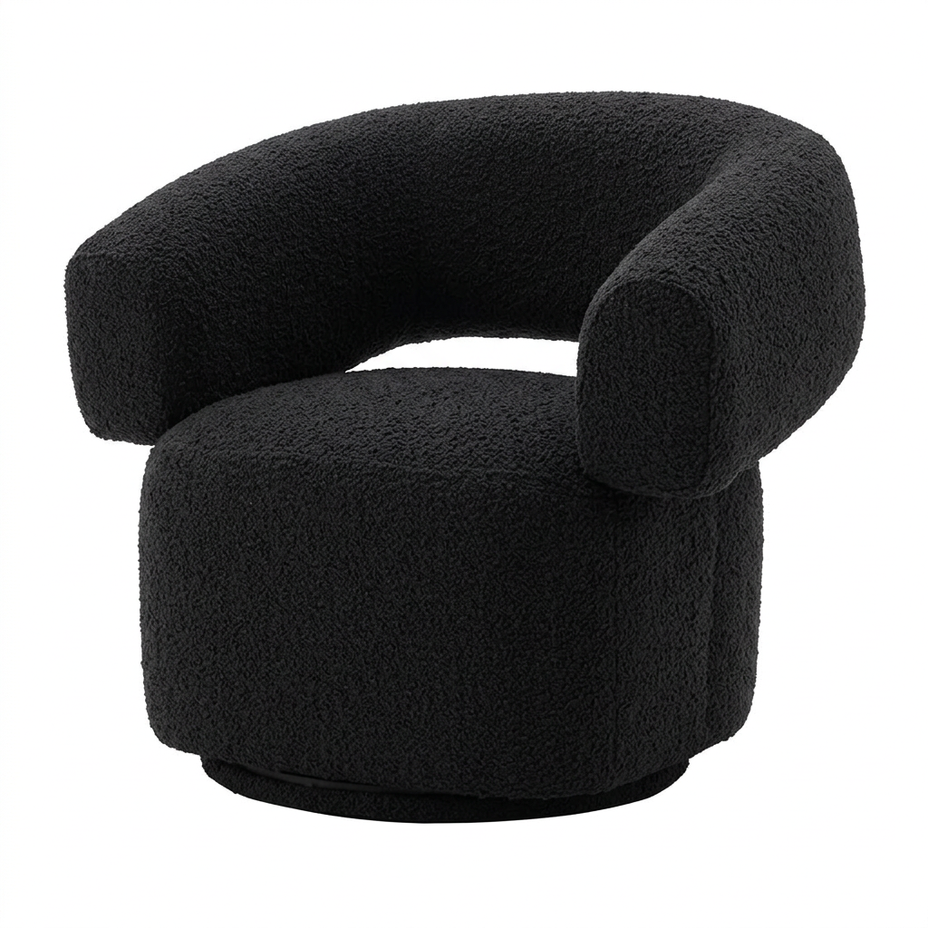 Oliveto black boucle curved swivel armchair on a white background