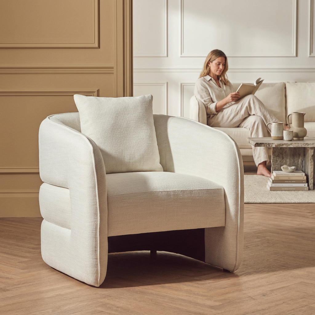 Bilani cream linen effect curved chair in a bright living room with a person in the background