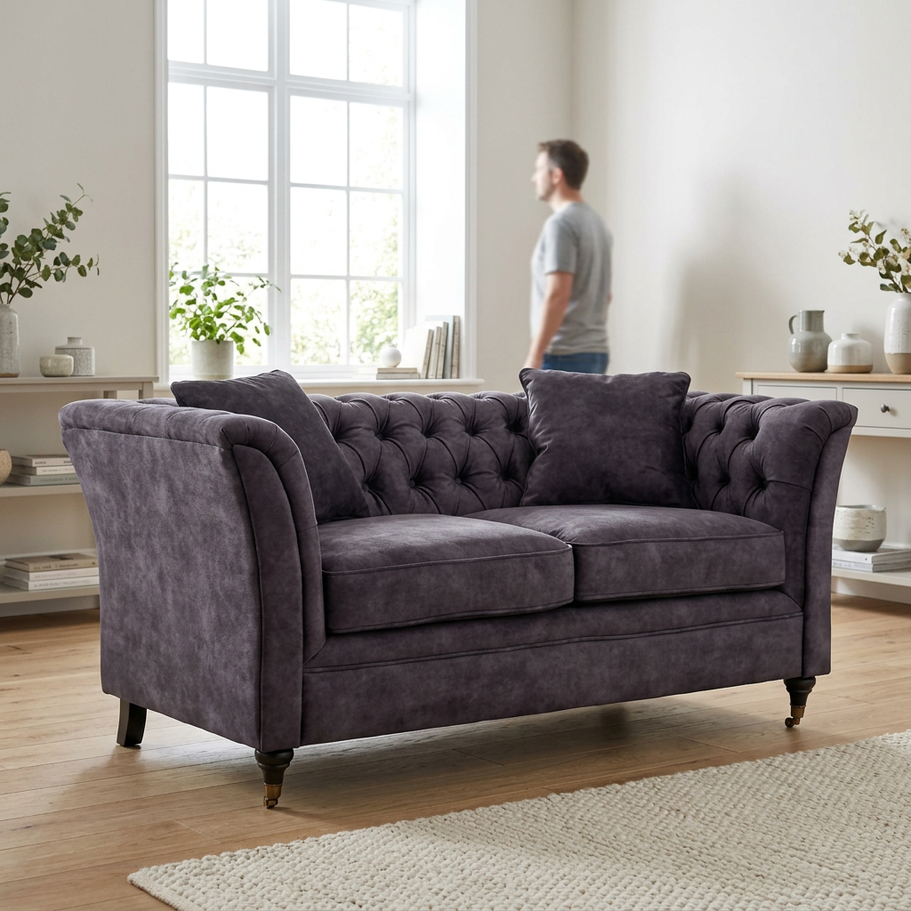 Sabrina grey velvet sofa in a bright living room with a person in the background