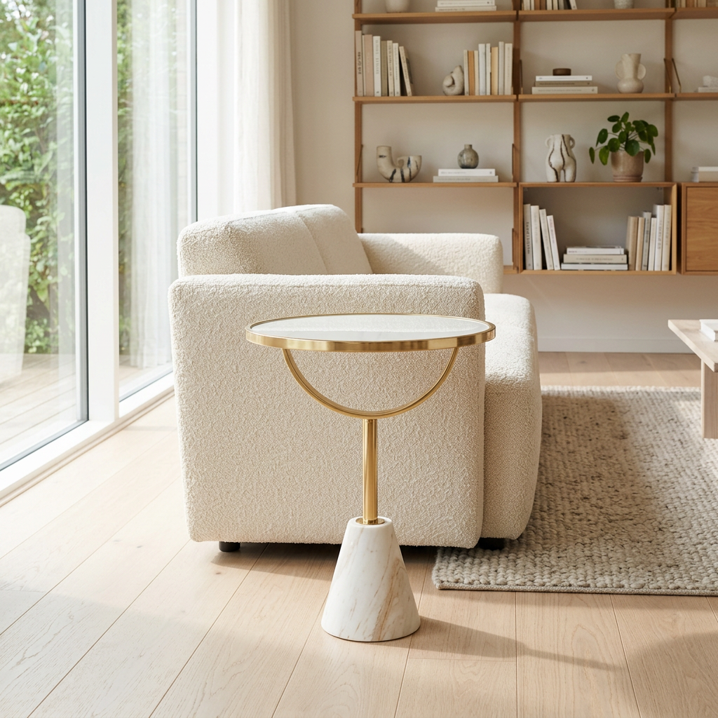 Oria white glass round side table with marble base in a wide Scandinavian living room view