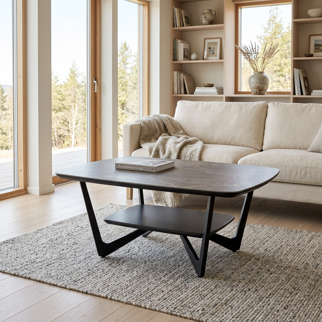 Imperia grey marble effect ceramic coffee table in a Scandinavian living room