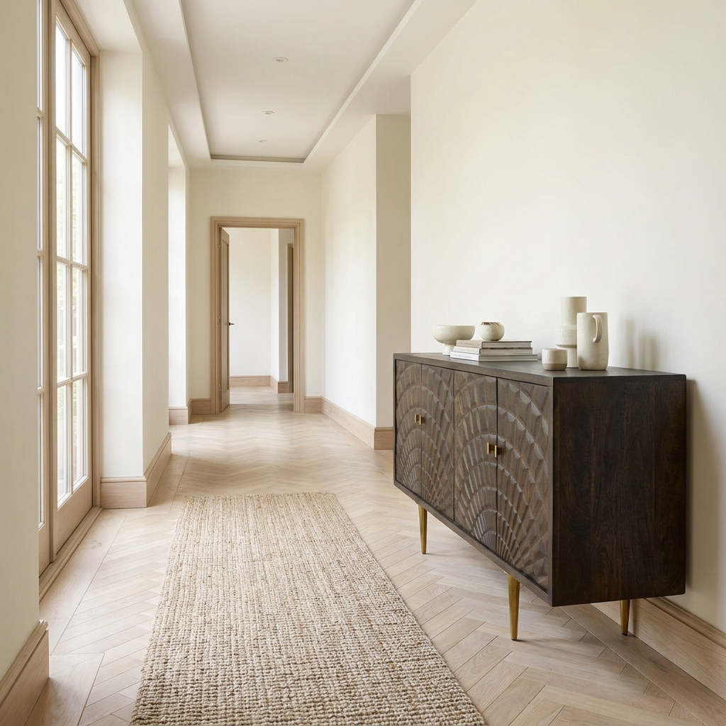 Sipari dark mango wood carved sideboard in a wide Scandinavian hallway view