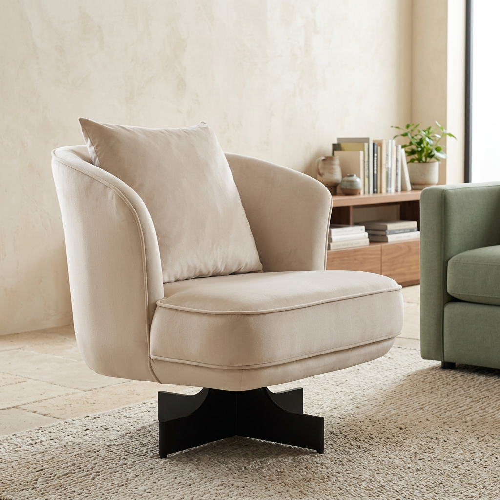 Hale cream velvet swivel chair with cushion viewed from above at an angle in a contemporary living room