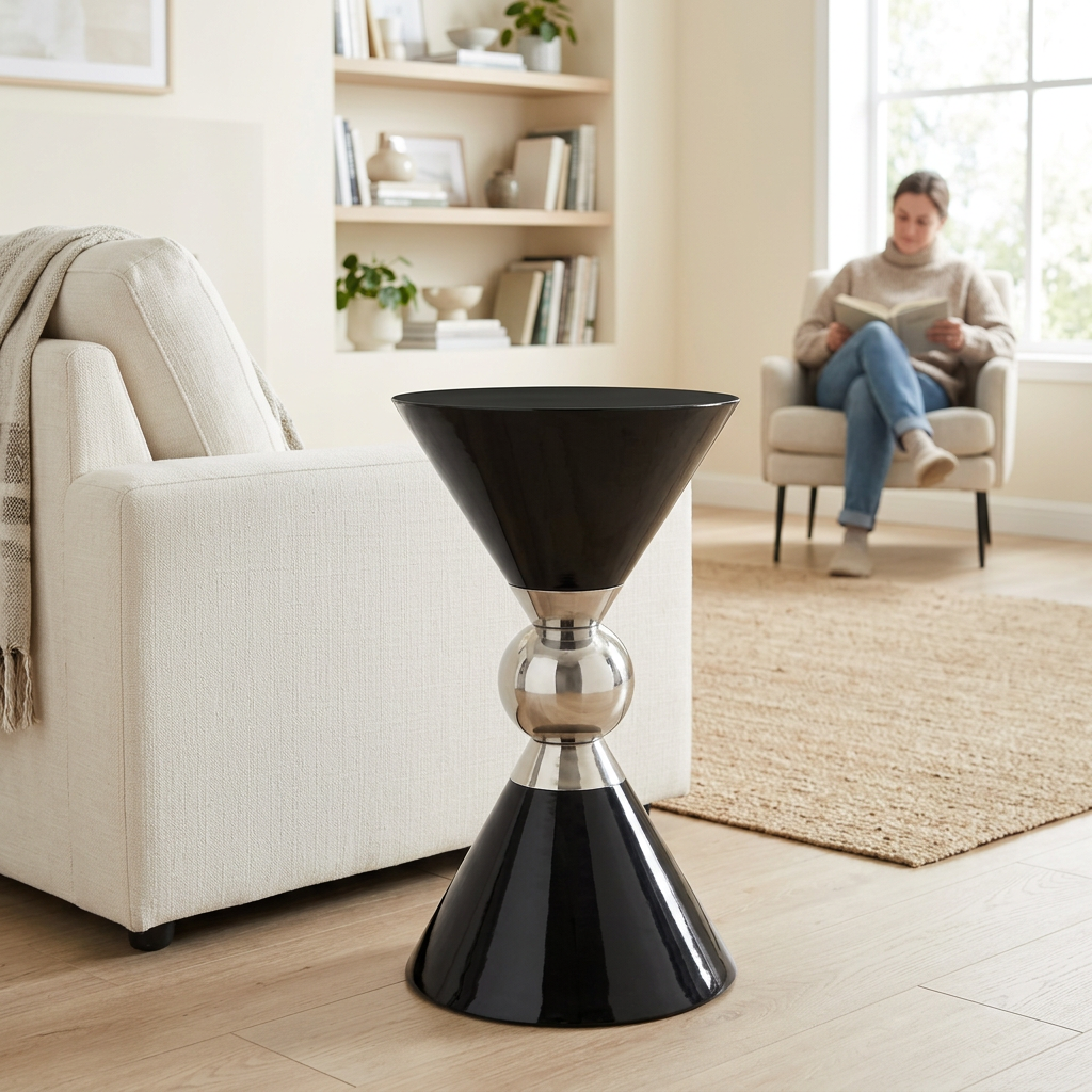 Jaipur black and silver finish hourglass side table in a bright living room with a person in the background