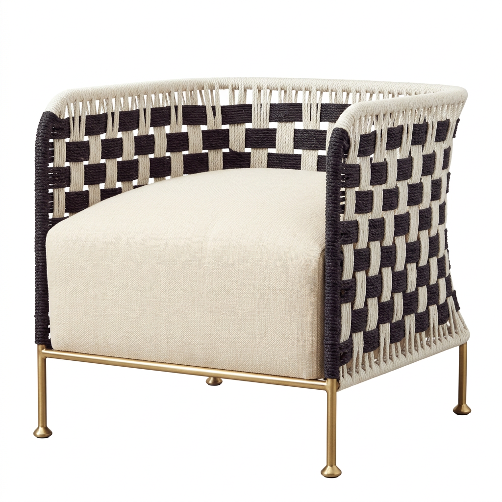 Satna black and white jute rope woven chair on a white background