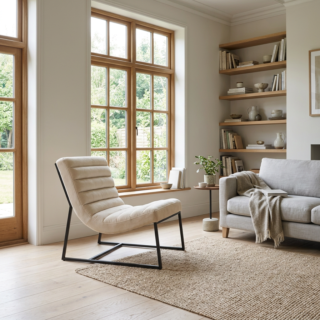 Vogue ivory velvet channel tufting lounge chair in a wide Scandinavian living room view