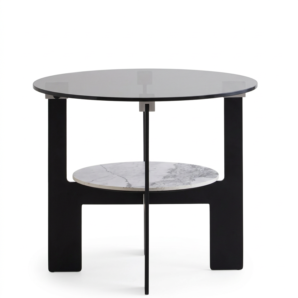 Imperia grey glass and white ceramic round coffee table on a white background