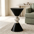 Jaipur black and silver finish hourglass side table viewed from above at an angle in a contemporary living room