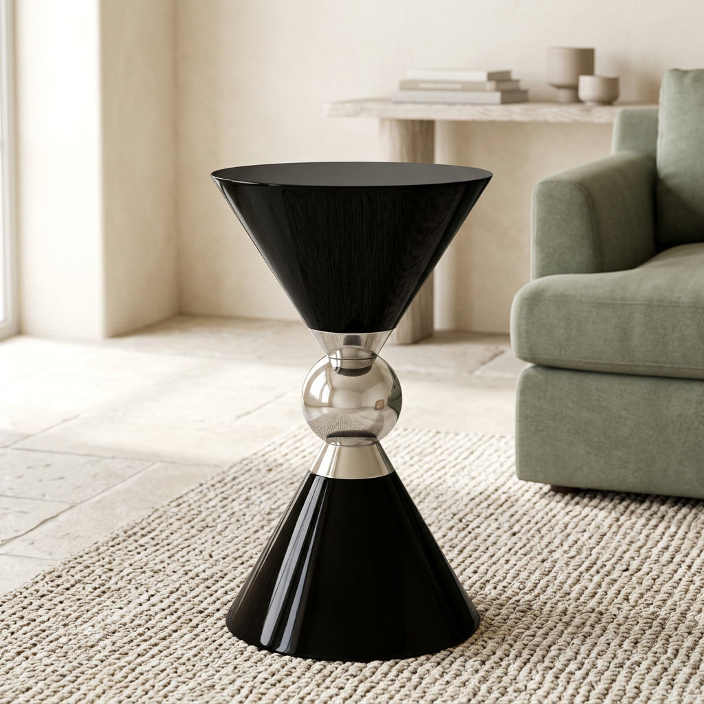 Jaipur black and silver finish hourglass side table viewed from above at an angle in a contemporary living room