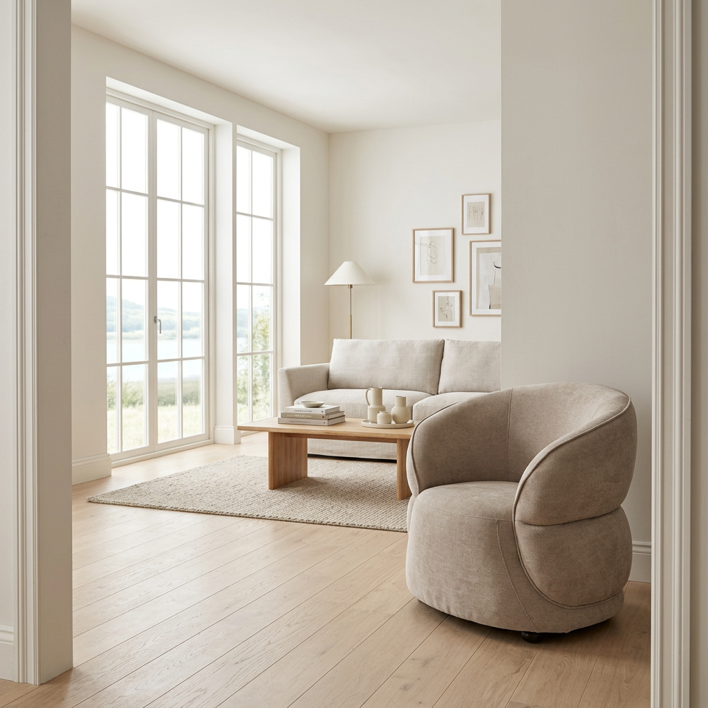 Daphne taupe chenille effect curved chair beside a window in a wide Scandinavian living room view