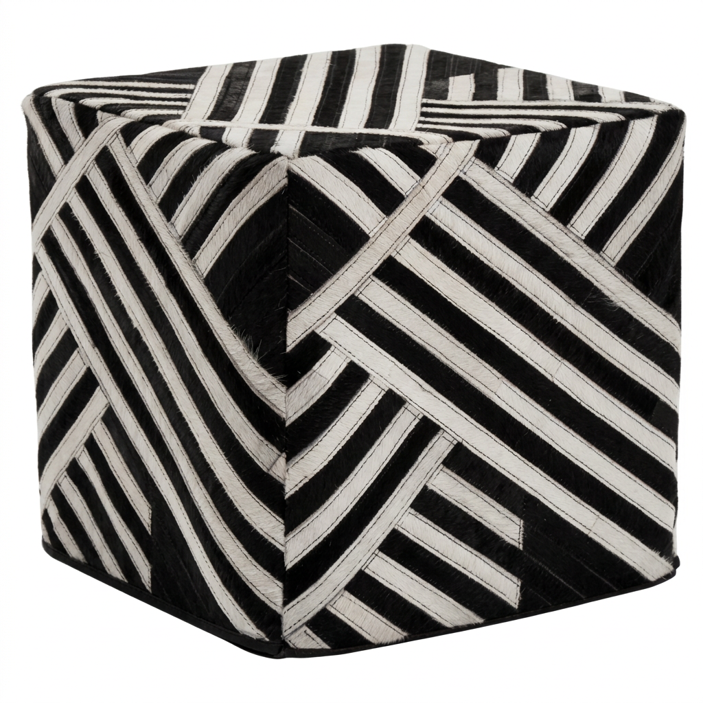 Safira black and white stripe leather pouffe on a white background