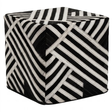 Safira black and white stripe leather pouffe on a white background