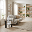 Imperia grey glass and white ceramic round coffee table in a wide Scandinavian living room view