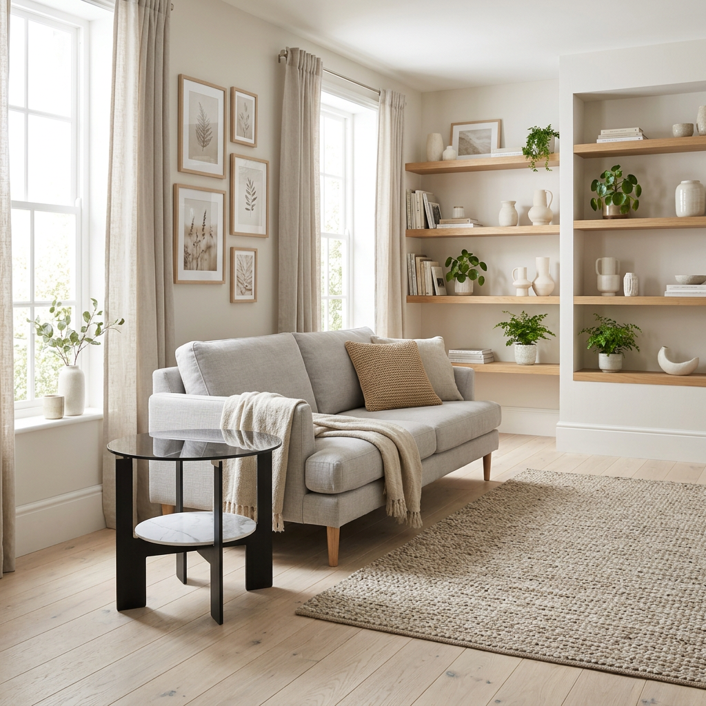 Imperia grey glass and white ceramic round coffee table in a wide Scandinavian living room view
