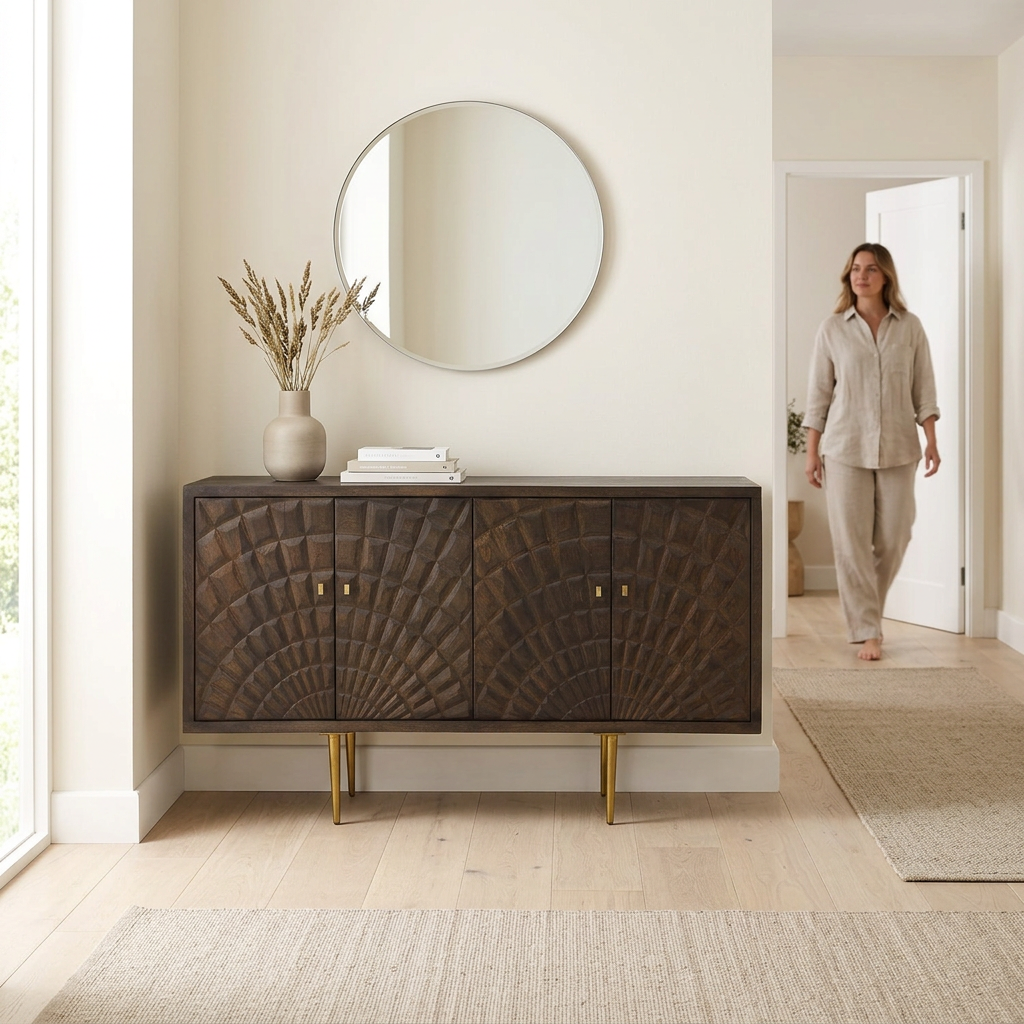 Sipari dark mango wood carved sideboard in a bright hallway with a person in the background
