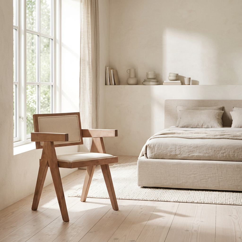 Cebu ivory fabric dining chair beside a bedroom window in a wide room view