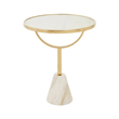 Oria white glass round side table with marble base on a white background