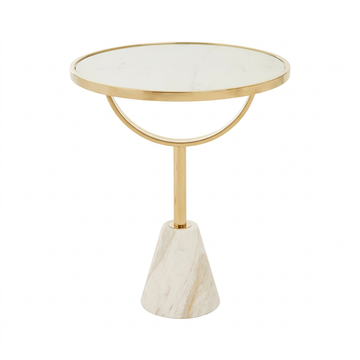 Oria white glass round side table with marble base on a white background