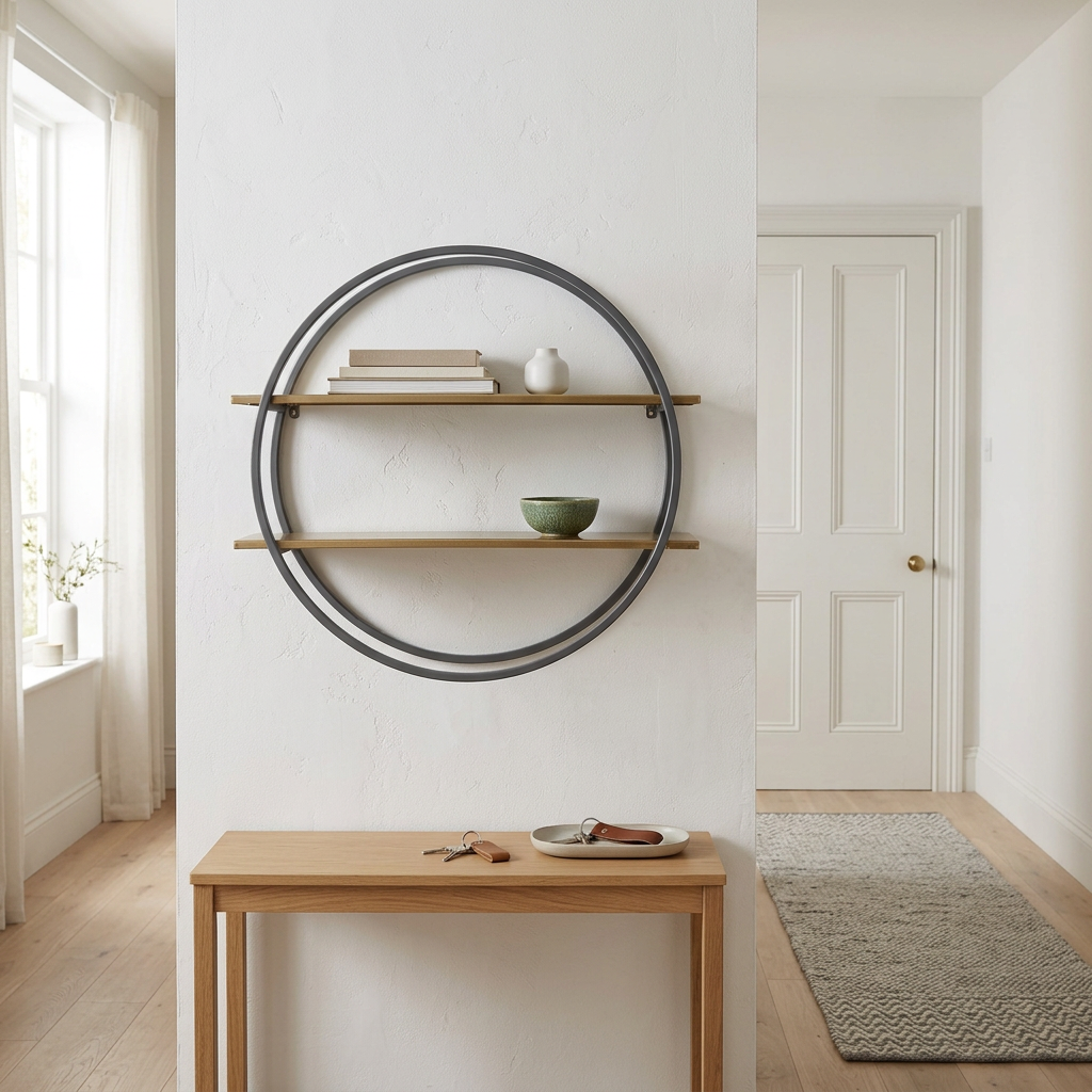 Korba matte gold and grey wall shelf in a Scandinavian hallway